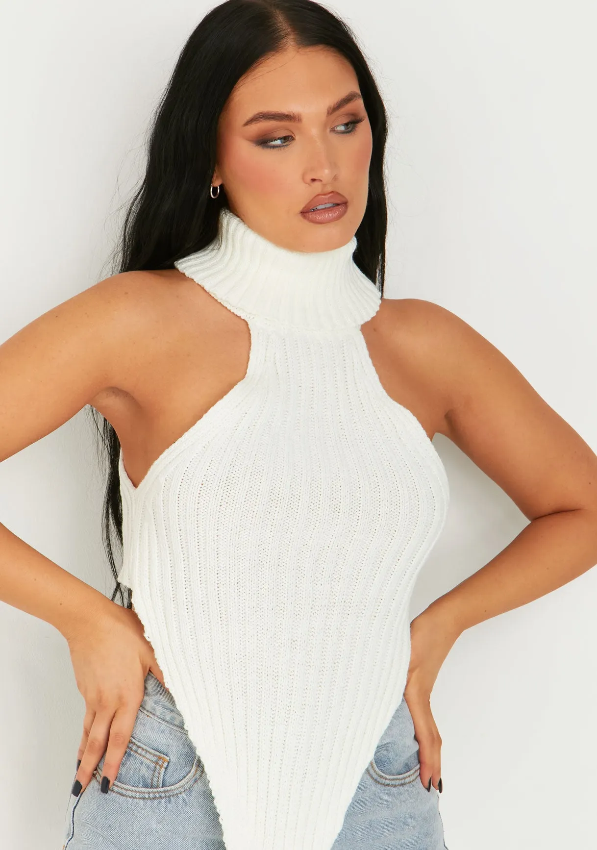 Gina Cream Roll Neck Knitted Drop Front Top sold by Missy Empire product image thumbnail 3