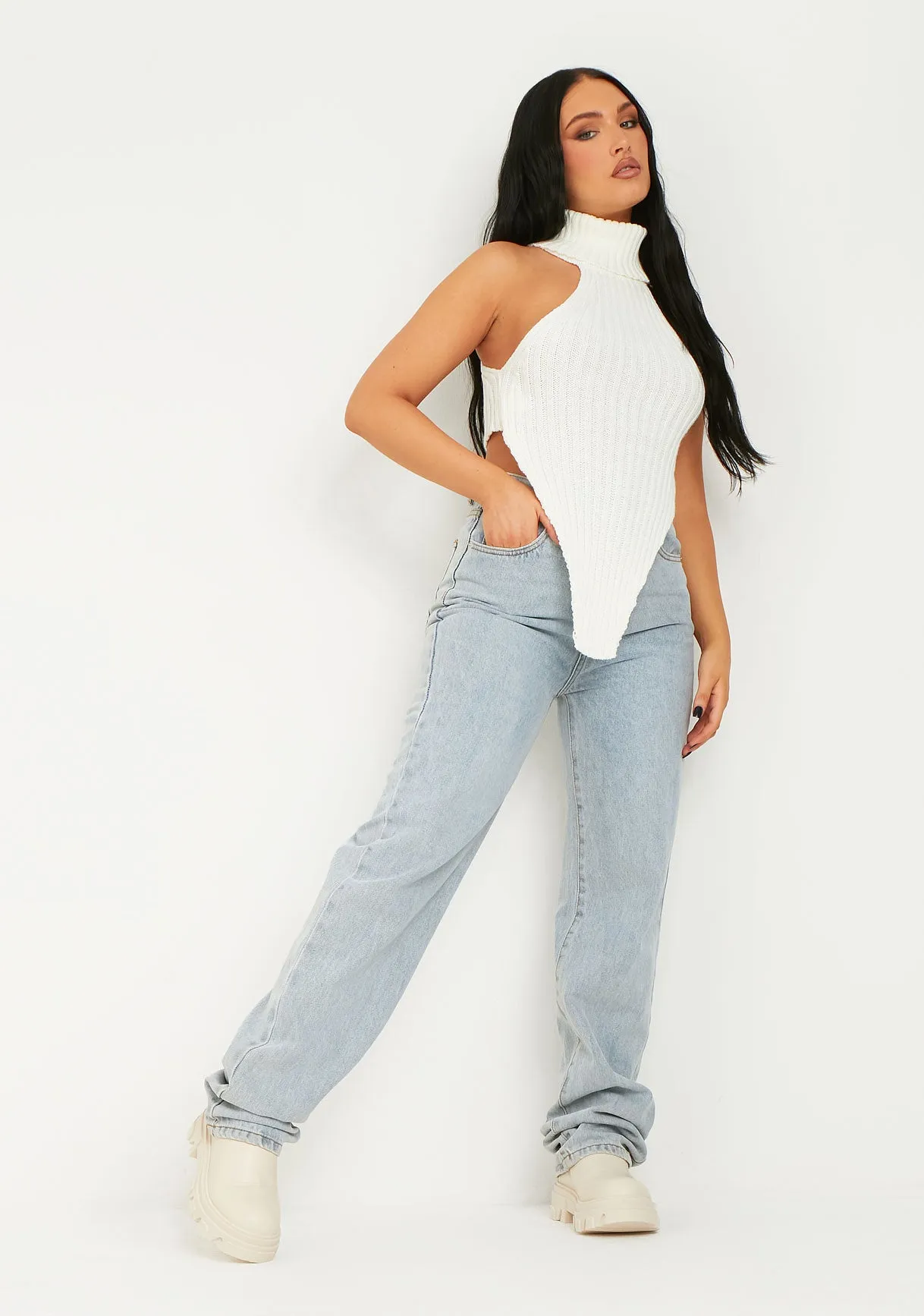 Gina Cream Roll Neck Knitted Drop Front Top sold by Missy Empire