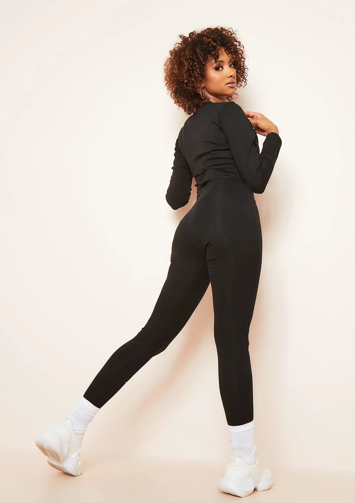 Elissa Black Long Sleeve Plunge Zip Up Jumpsuit sold by Missy Empire product image thumbnail 2