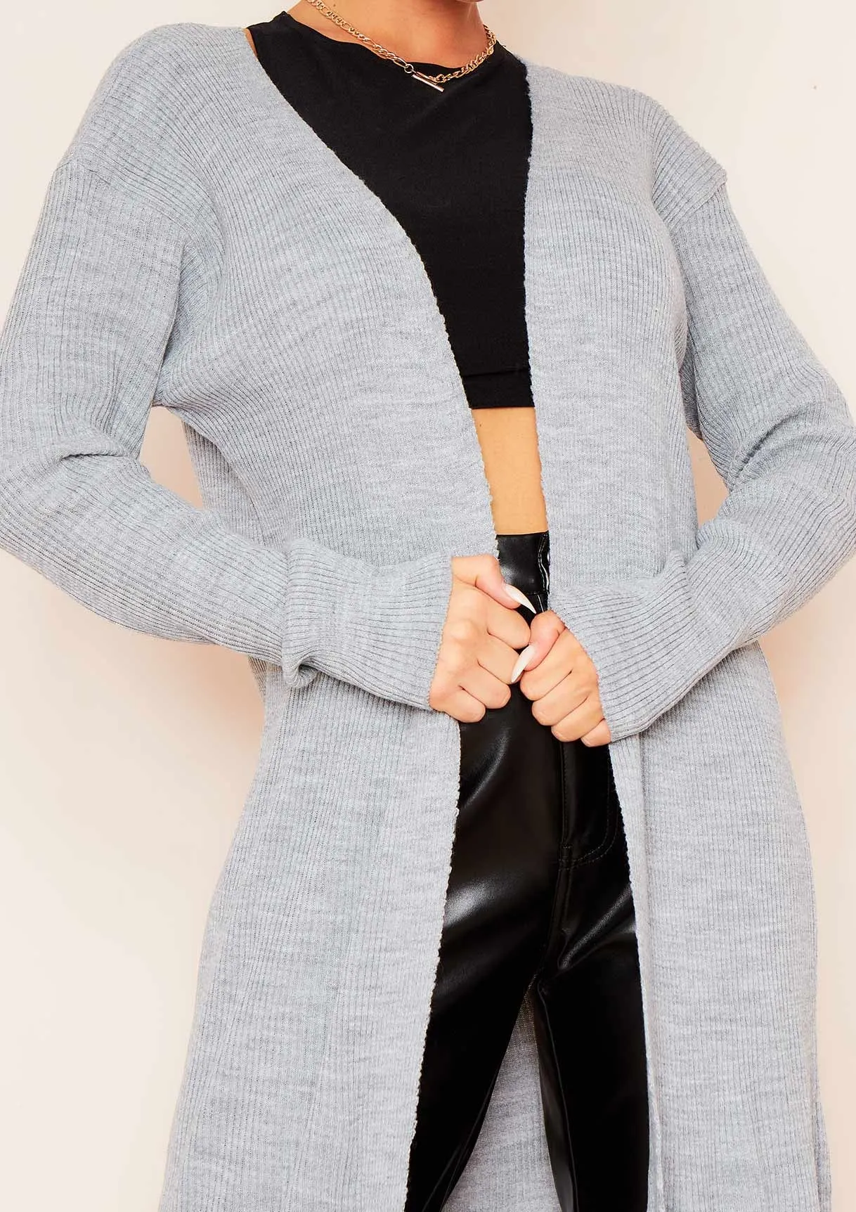 Leana Grey Fine Rib Knitted Midaxi Cardigan sold by Missy Empire product image thumbnail 2