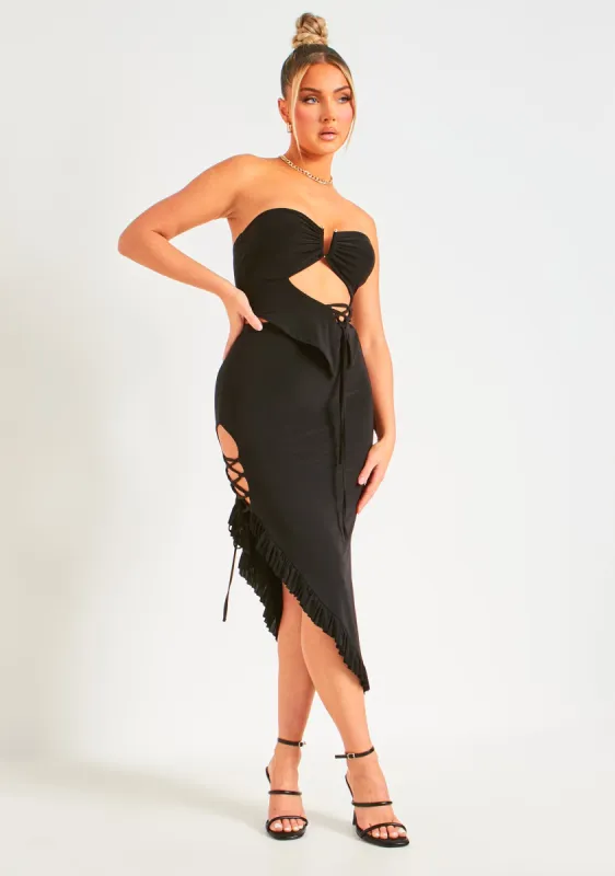 Erin Black Slinky Lace Up Detail Frill Hem Midi Skirt sold by Missy Empire