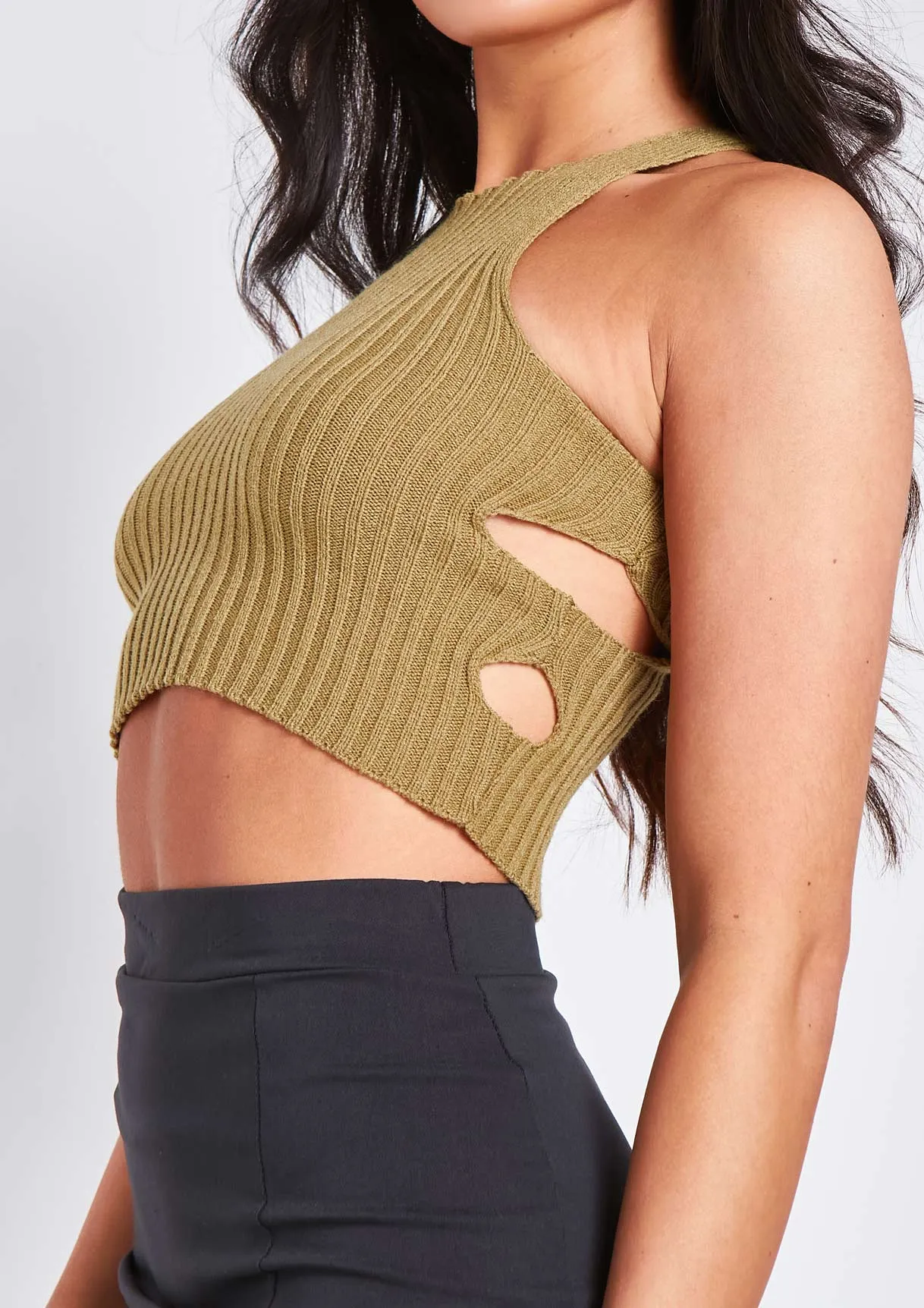 Elissa Khaki Ribbed Knit Crop Cut Out Top With Bolero sold by Missy Empire product image thumbnail 3