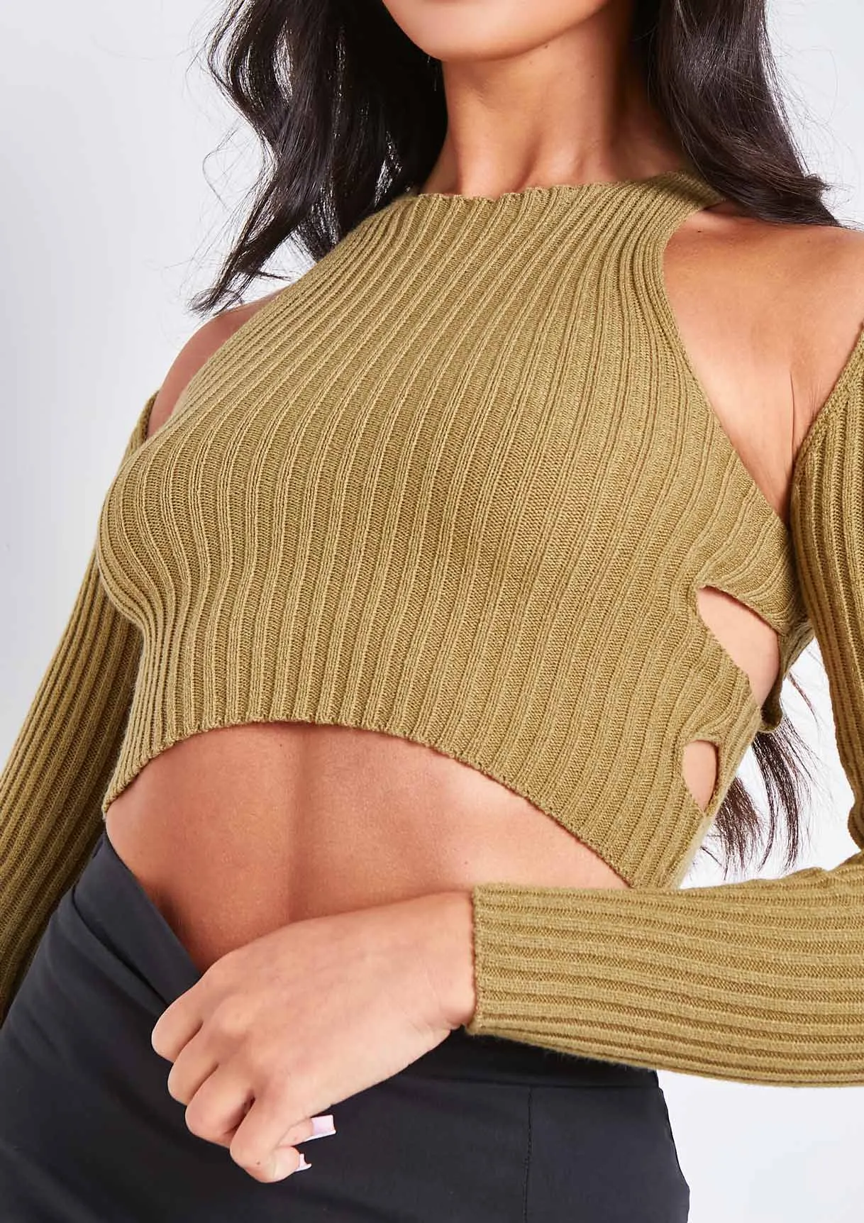 Elissa Khaki Ribbed Knit Crop Cut Out Top With Bolero sold by Missy Empire product image thumbnail 2