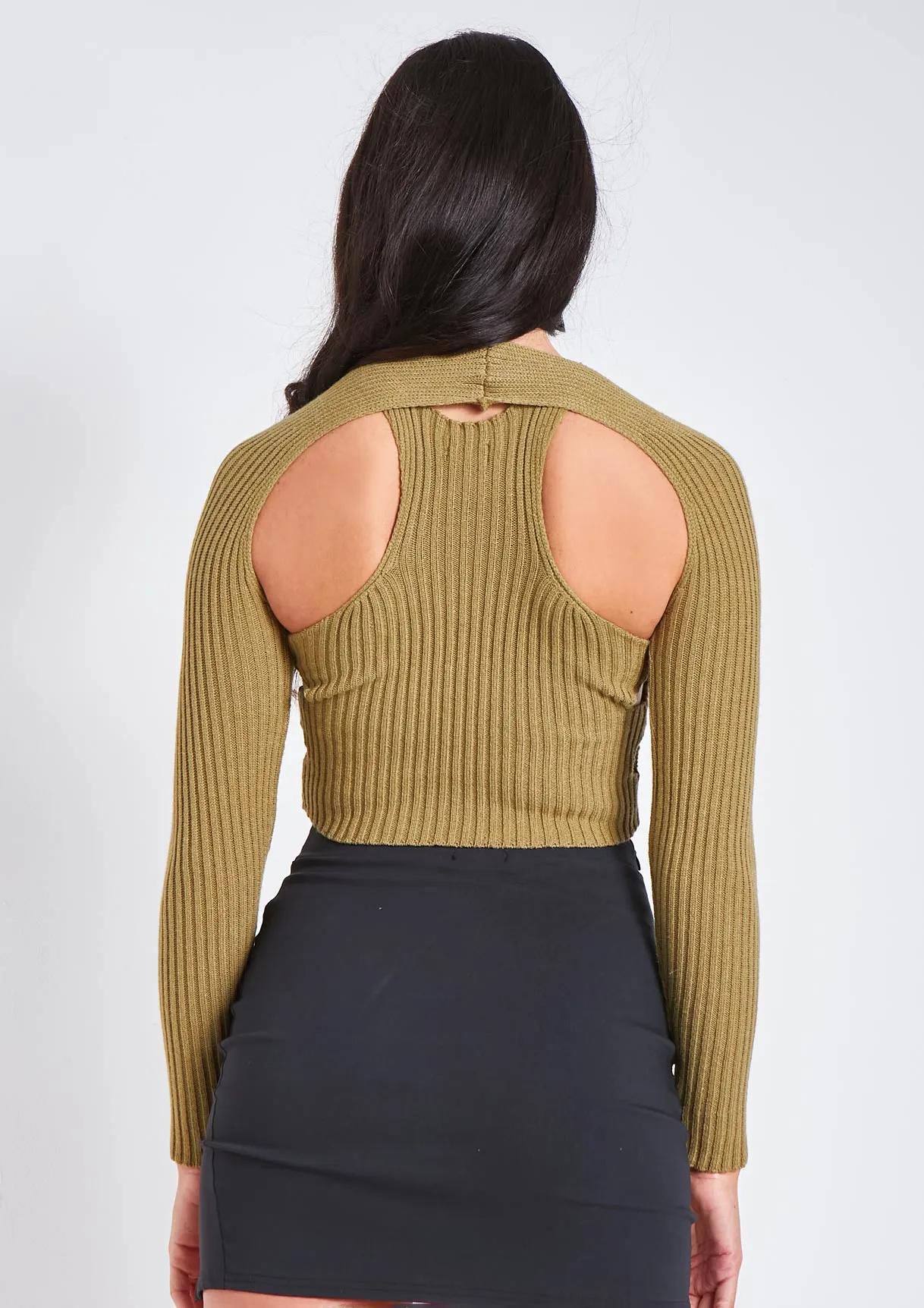 Elissa Khaki Ribbed Knit Crop Cut Out Top With Bolero sold by Missy Empire product image thumbnail 4