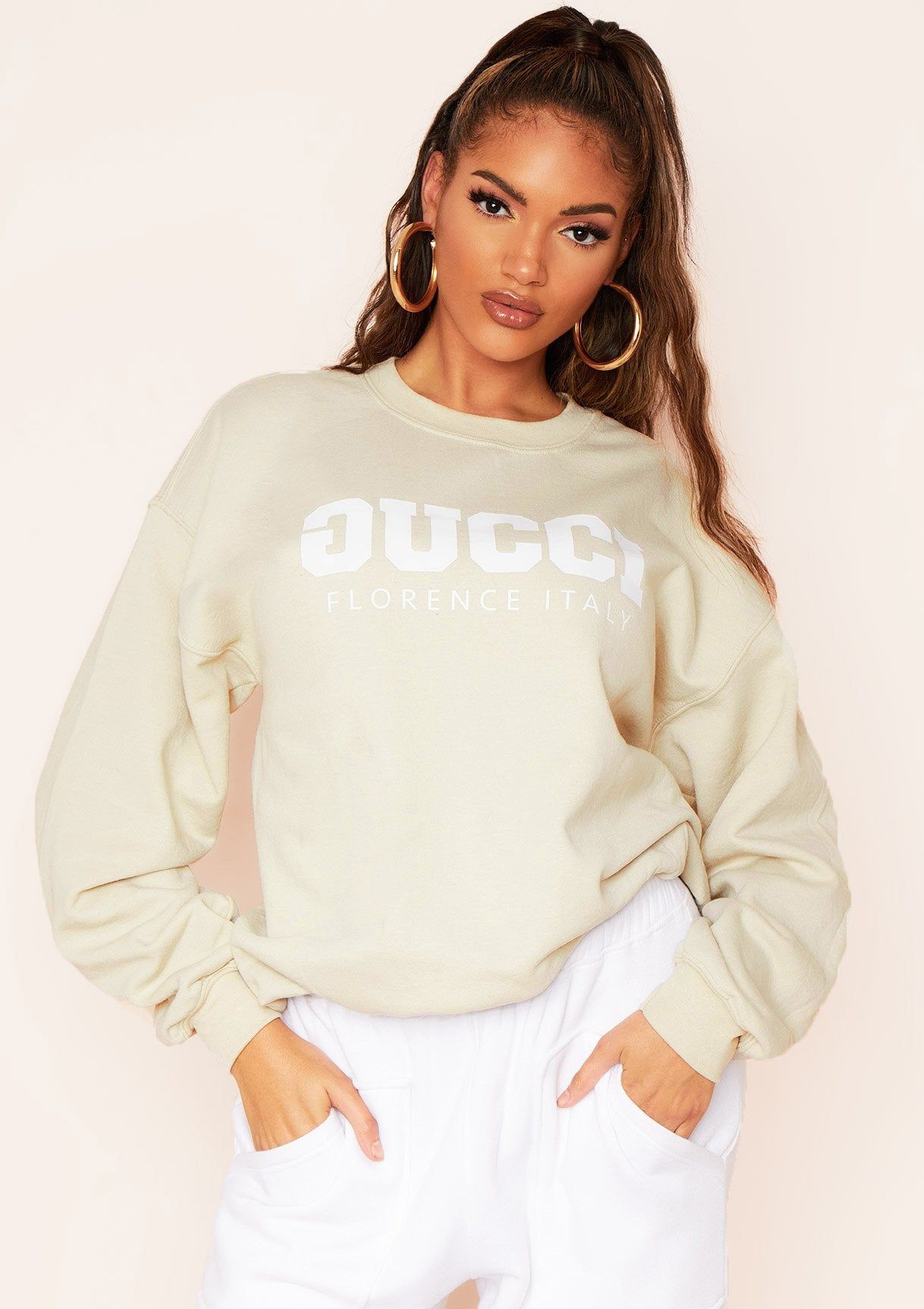 Jayla Sand Slogan Oversized Sweatshirt sold by Missy Empire