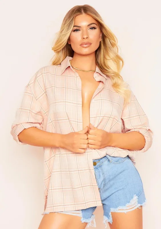 Teresa Pink Longline Checked Oversized Shirt sold by Missy Empire