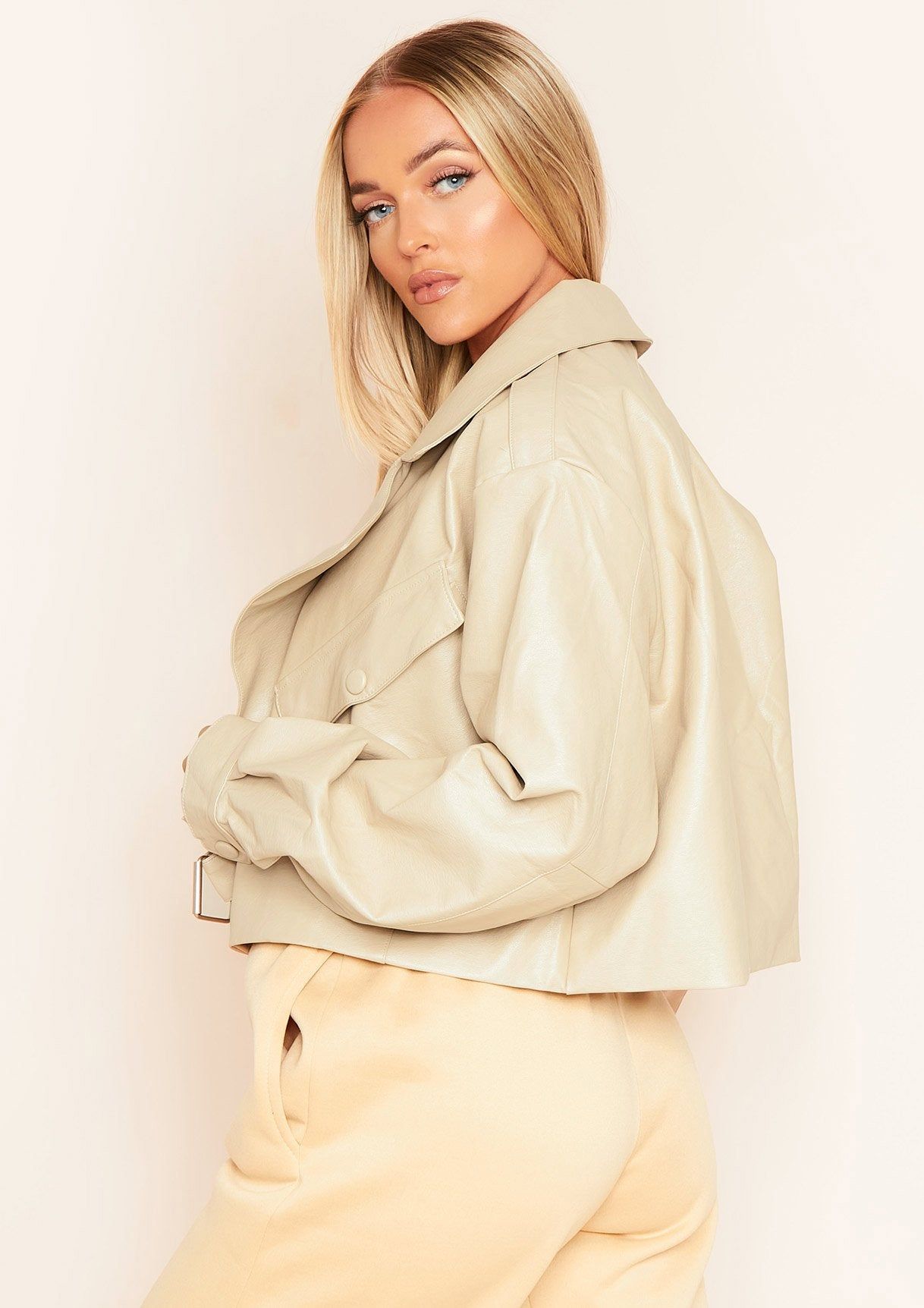 Alva Beige Cropped Faux Leather Jacket sold by Missy Empire product image thumbnail 2