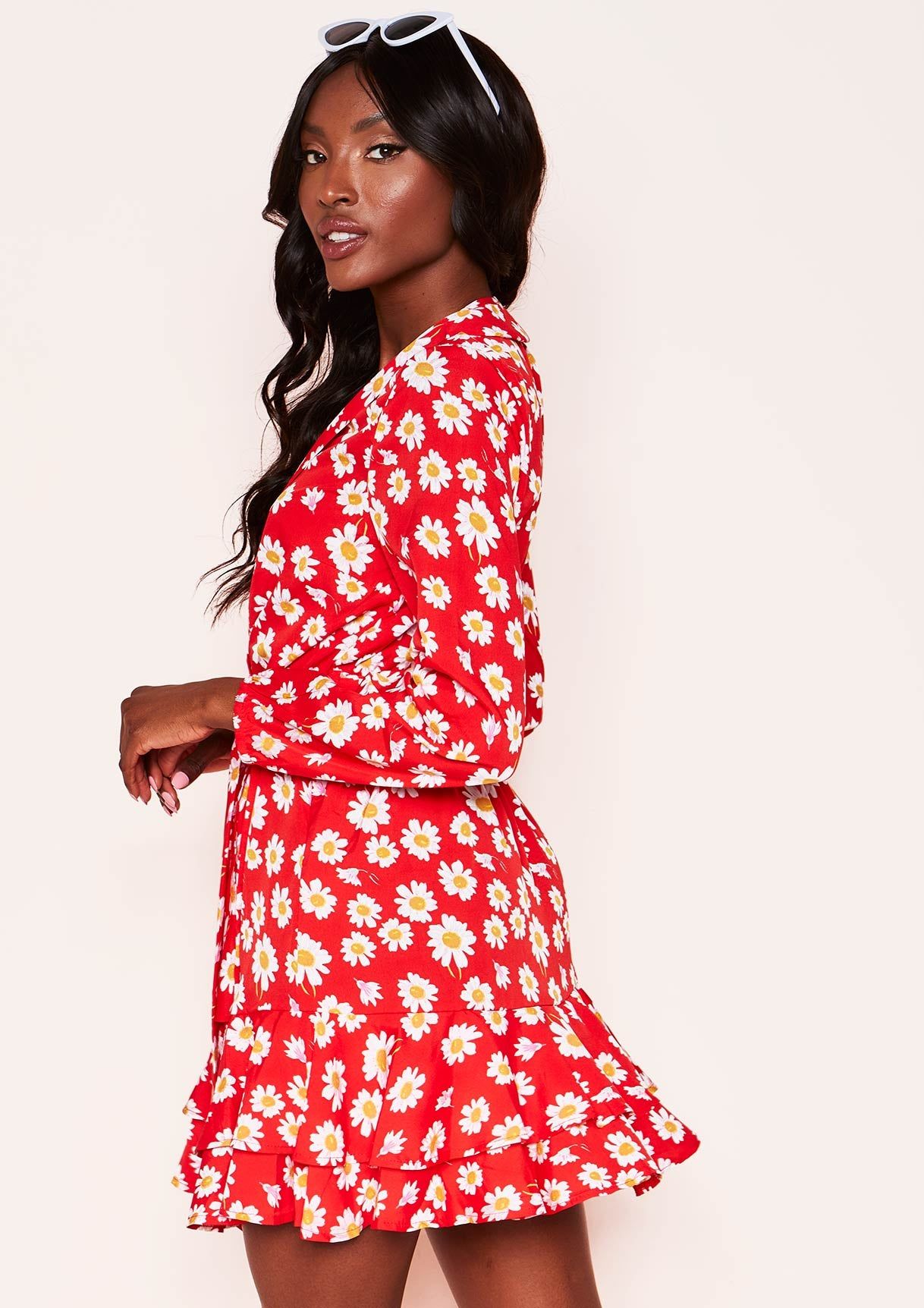 Nevah Red Floral Frill Belted Wrap Dress sold by Missy Empire product image thumbnail 3