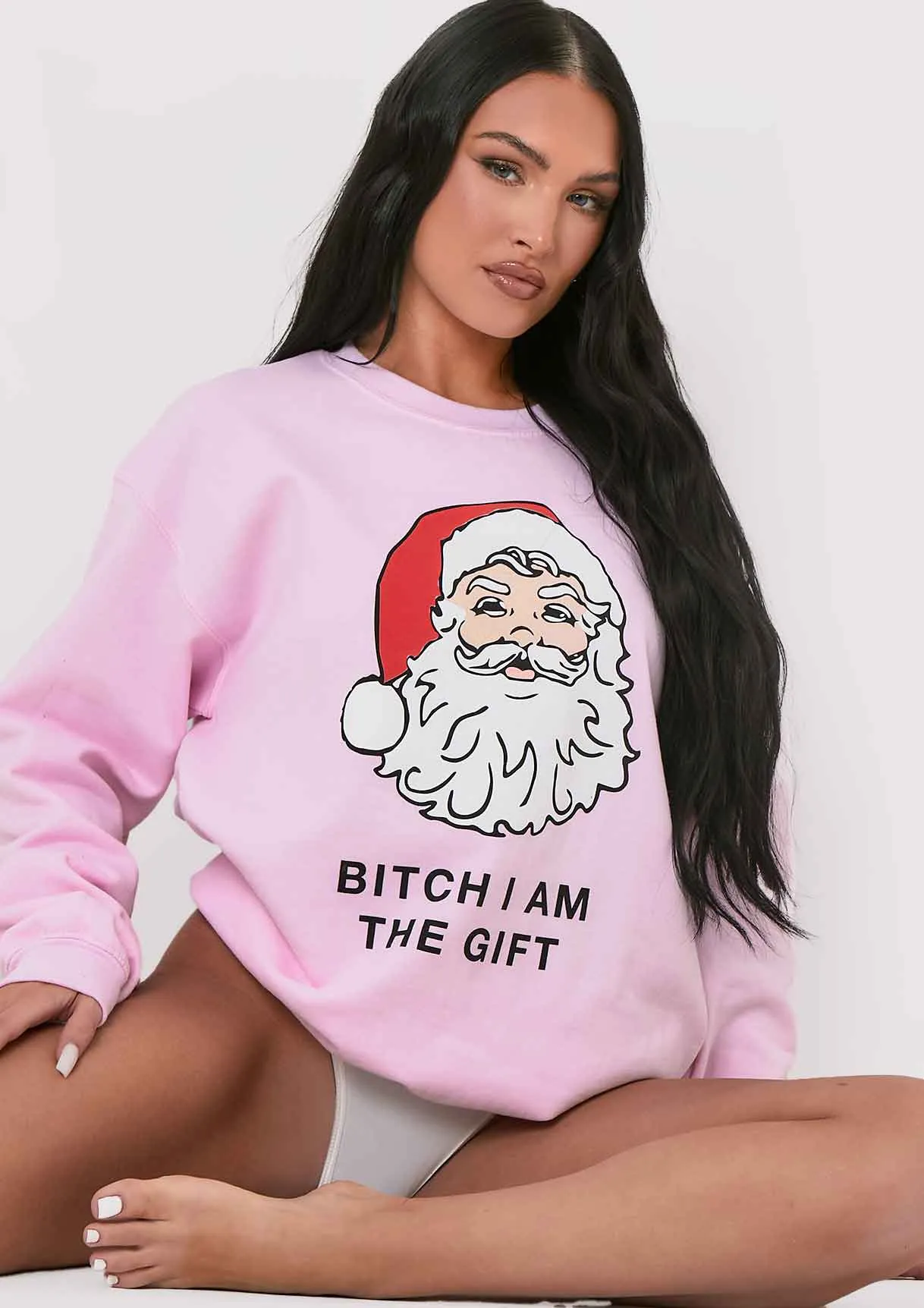 Lora Pink 'Bitch I Am The Gift' Santa Slogan Sweatshirt sold by Missy Empire
