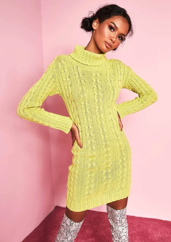 Jenny Lime Green Chunky Knit High Neck Jumper Dress sold by Missy Empire
