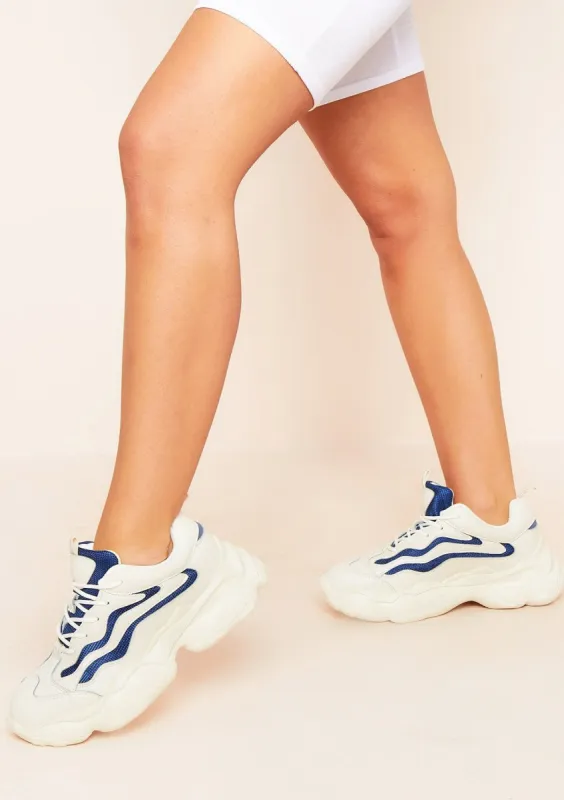 Nikki Beige Blue Stripe Chunky Platform Trainer sold by Missy Empire