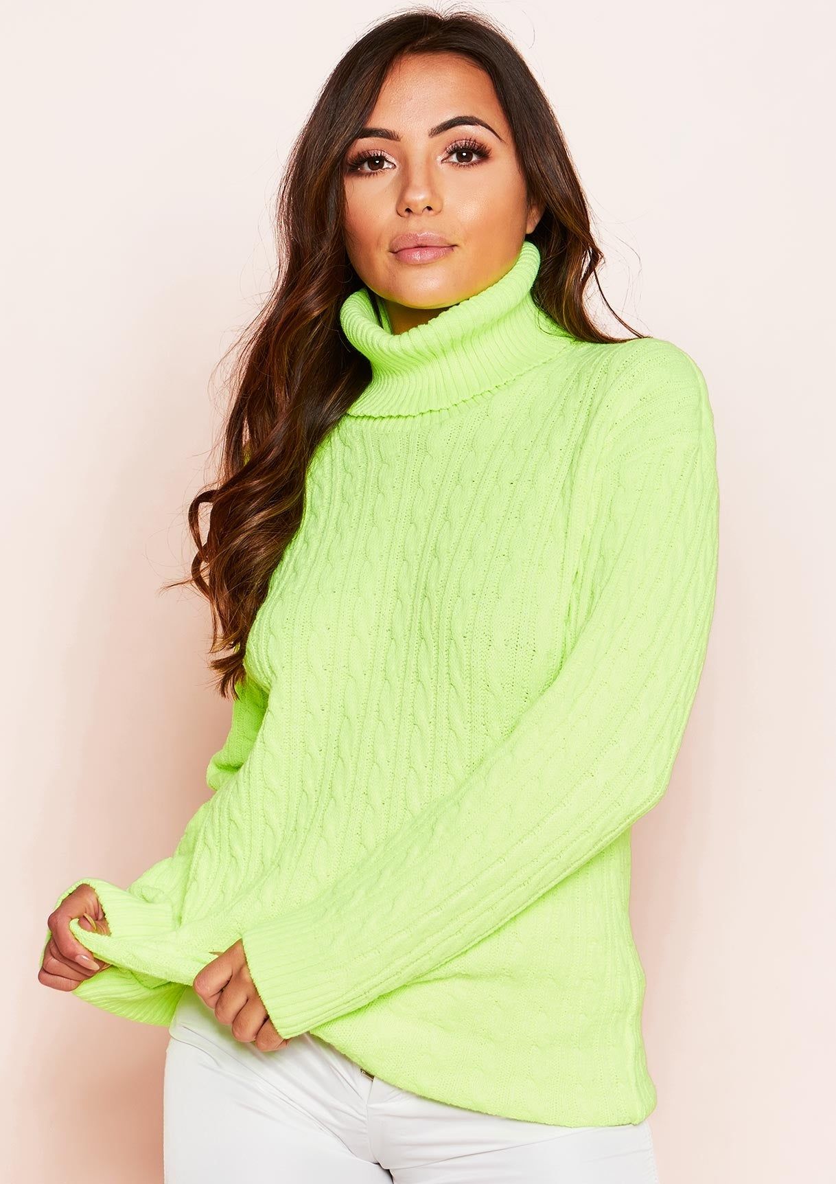 Isla Neon Yellow Roll Neck Knitted Cable Jumper sold by Missy Empire