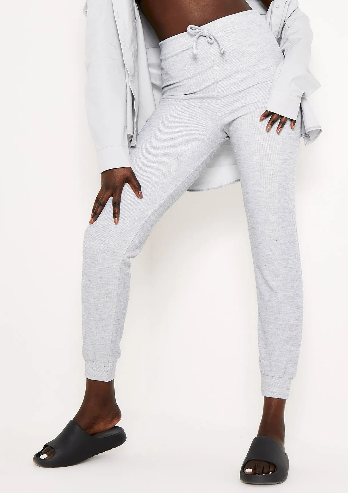 Sophie Grey Soft Ribbed Drawstring Joggers sold by Missy Empire