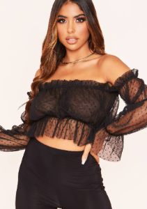 Jessica Black Polkadot Mesh Bardot Crop Top sold by Missy Empire
