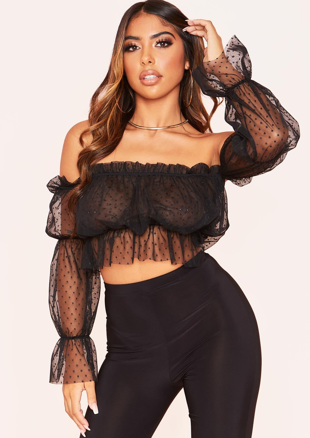 Jessica Black Polkadot Mesh Bardot Crop Top sold by Missy Empire