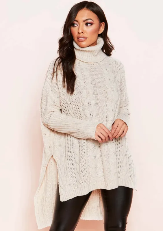 Dani Beige Cable Knit Roll Neck Jumper sold by Missy Empire