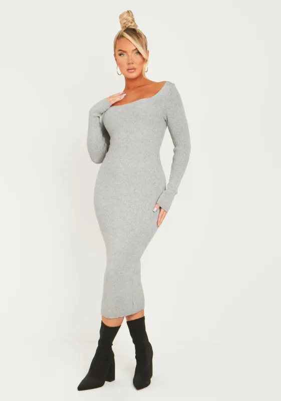 Kim Light Grey Knit Square Neck Long Sleeve Midi Dress sold by Missy Empire
