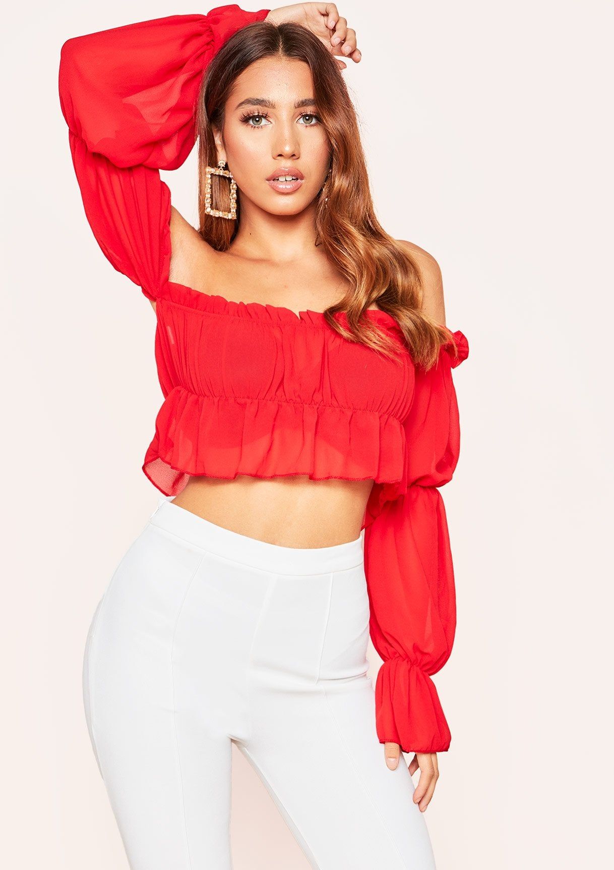 Lil Red Bardot Frill Crop Top sold by Missy Empire