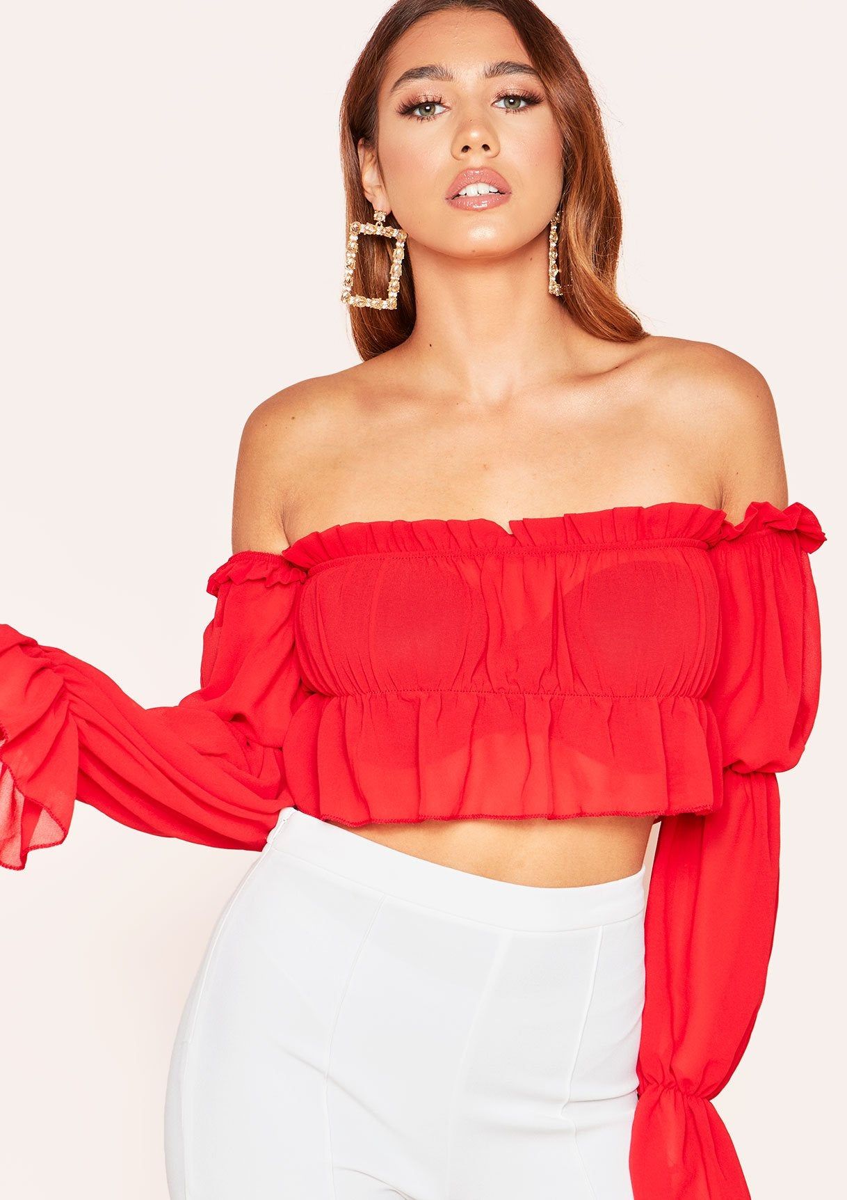 Lil Red Bardot Frill Crop Top sold by Missy Empire product image thumbnail 3