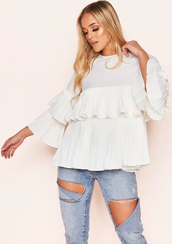 Sophie White Pleated Layered Top sold by Missy Empire