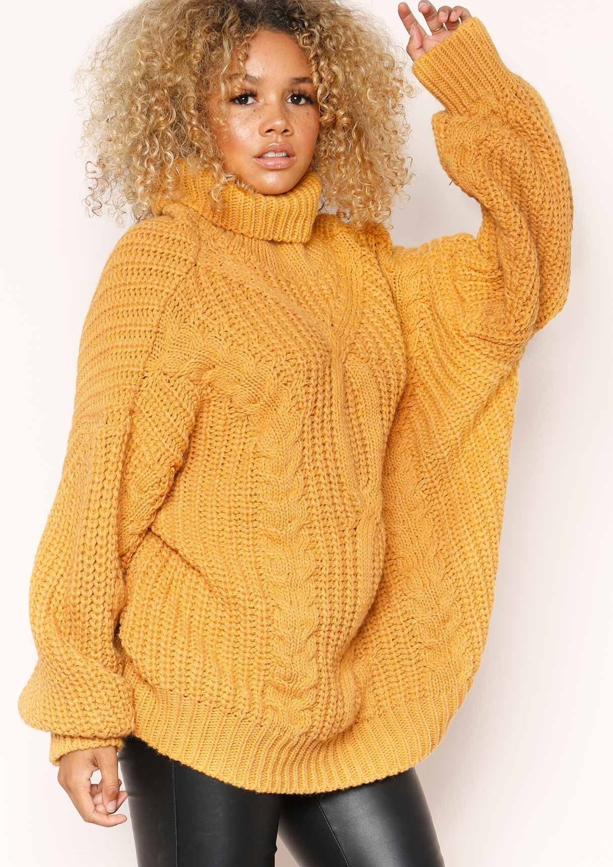 Francesca Mustard Cable Knit Roll Neck Oversized Jumper sold by Missy Empire