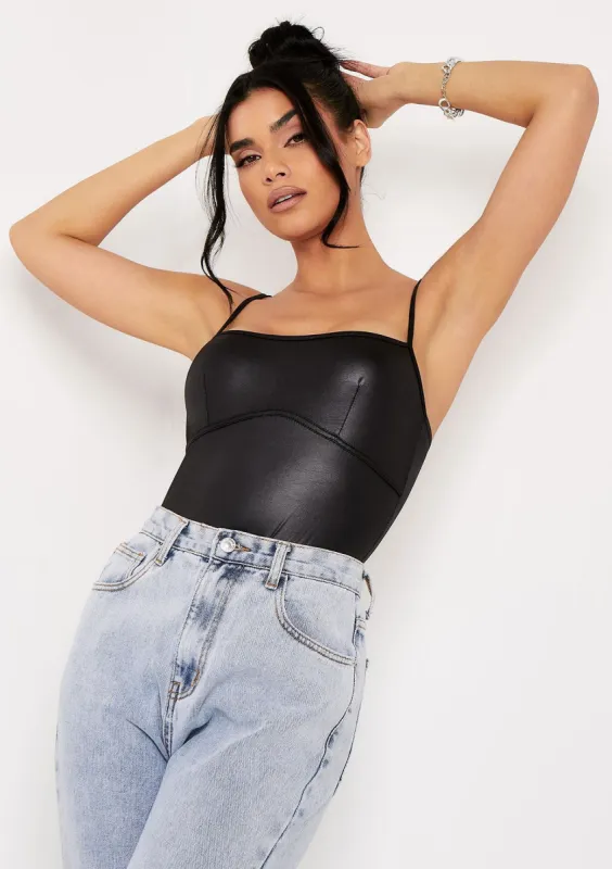 Isla Black PU Strap Binding Bodysuit sold by Missy Empire