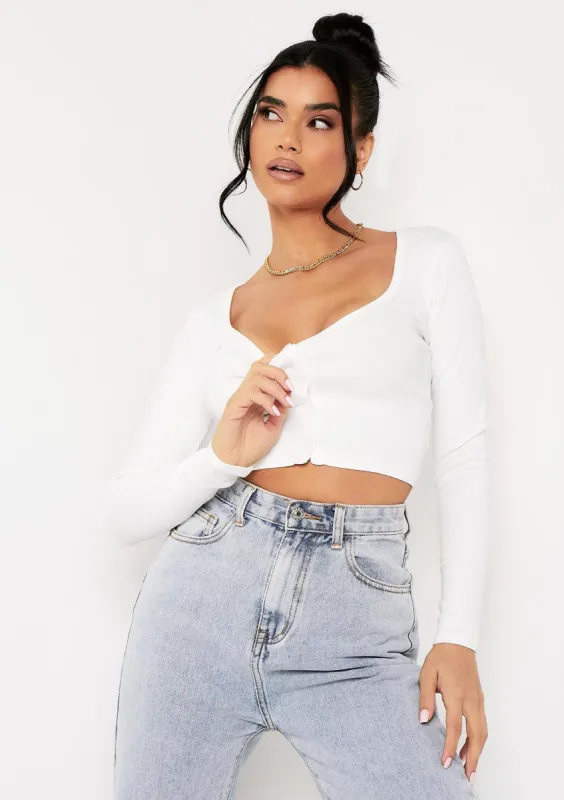 Jade Ivory Thick Jersey Button Through Long Sleeve Crop Top sold by Missy Empire