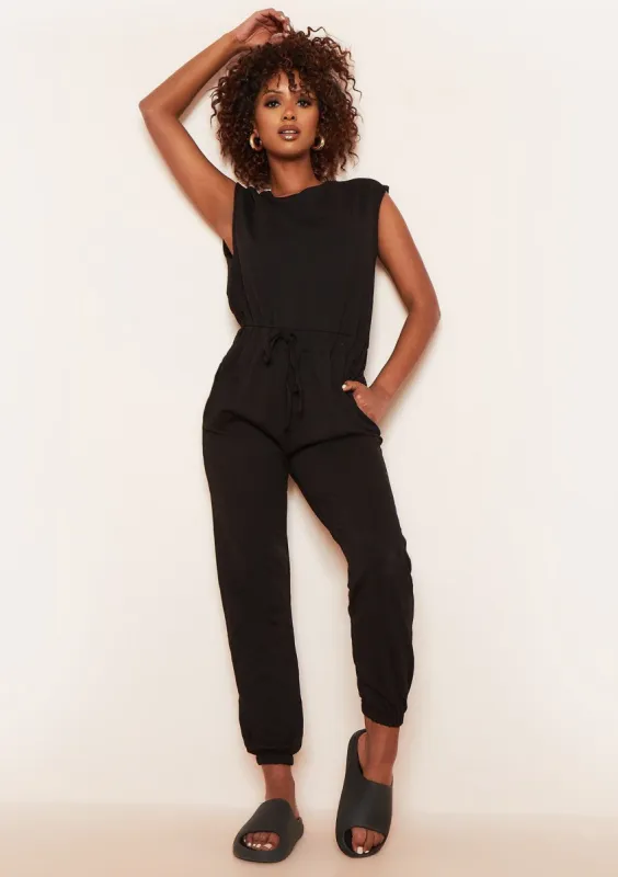 Abbi Black Sleeveless Cinched Waist Jumpsuit sold by Missy Empire