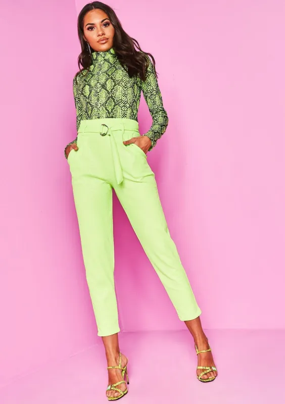 Jade Neon Green Snake Print Belted Skinny Trousers sold by Missy Empire