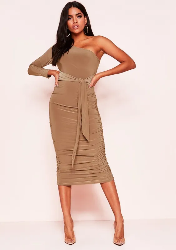 Phoebe Camel One Shoulder Ruched Belted Dress sold by Missy Empire