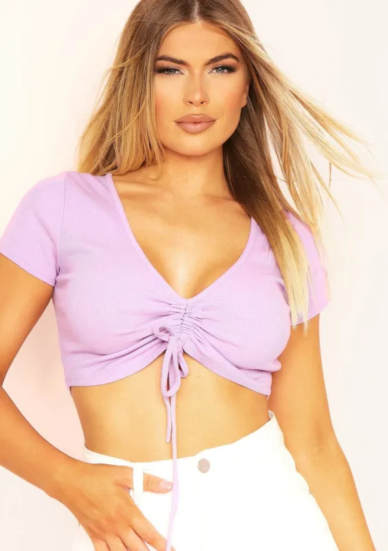 Faith Lilac Ruched Tie Ribbed Crop Top sold by Missy Empire