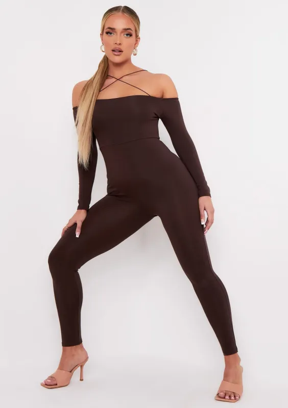 Alice Chocolate Spaghetti Strap Jumpsuit sold by Missy Empire