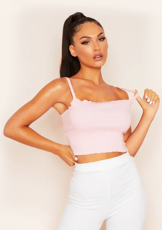 Faye Pale Pink Frill Hem Ribbed Crop Top sold by Missy Empire