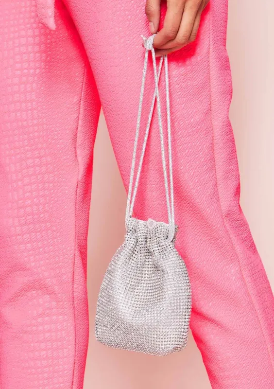 Ines Silver Diamante Drawstring Bucket Bag sold by Missy Empire