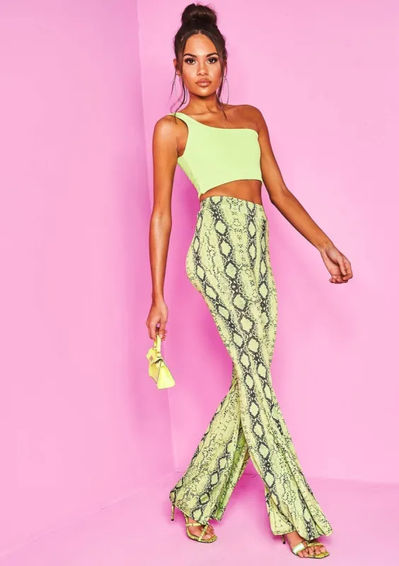 Jessy Neon Green Snake Print Flare Trousers sold by Missy Empire