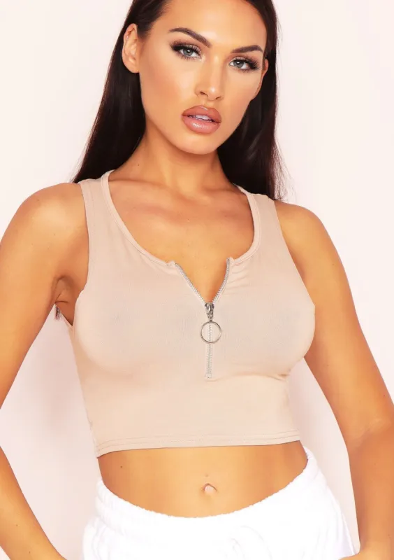 Casey Beige Zip Up Racer Crop Top sold by Missy Empire