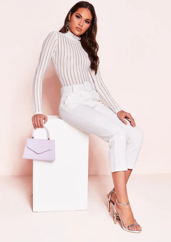 Alina White Ribbed Mesh High Neck Bodysuit sold by Missy Empire