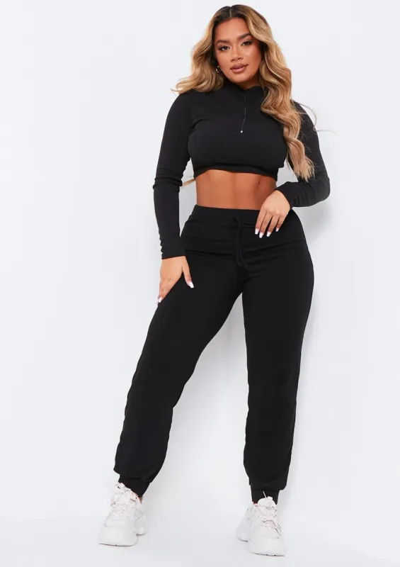 Sophie Black Soft Ribbed Drawstring Joggers sold by Missy Empire