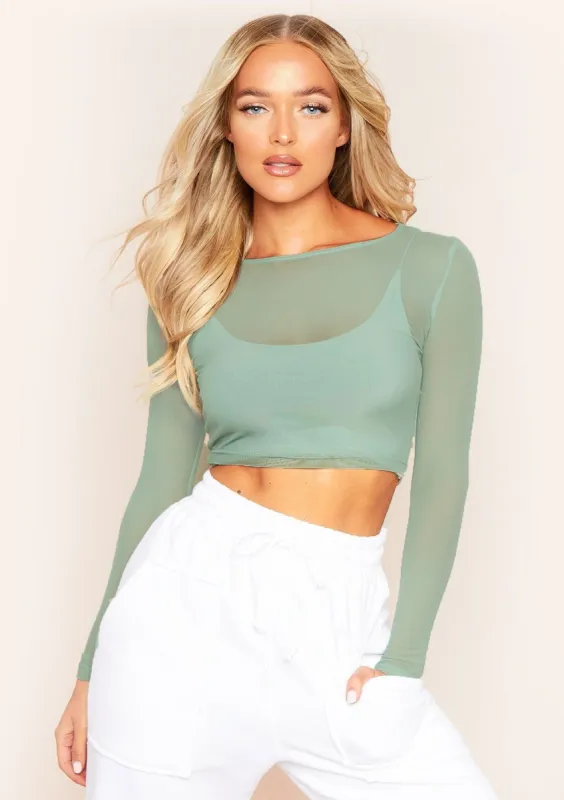 Malika Sage Mesh Long Sleeve Crop Top sold by Missy Empire