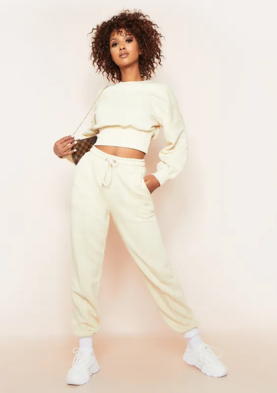 Stella Cream Seam Detail Cropped Sweater And Jogger Loungewear Set sold by Missy Empire