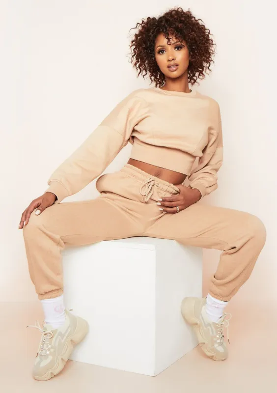 Stella Beige Seam Detail Cropped Sweater And Jogger Loungewear Set sold by Missy Empire