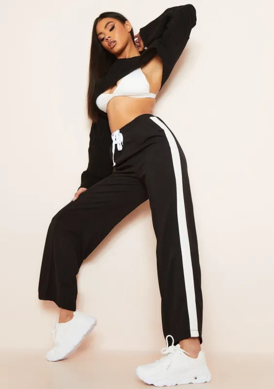 Kia Black Tricot Wide Leg Stripe Joggers made by Missy Empire