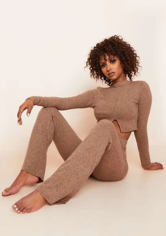 Arla Mocha Rib Exposed Seam High Waisted Flared Leggings made by Missy Empire