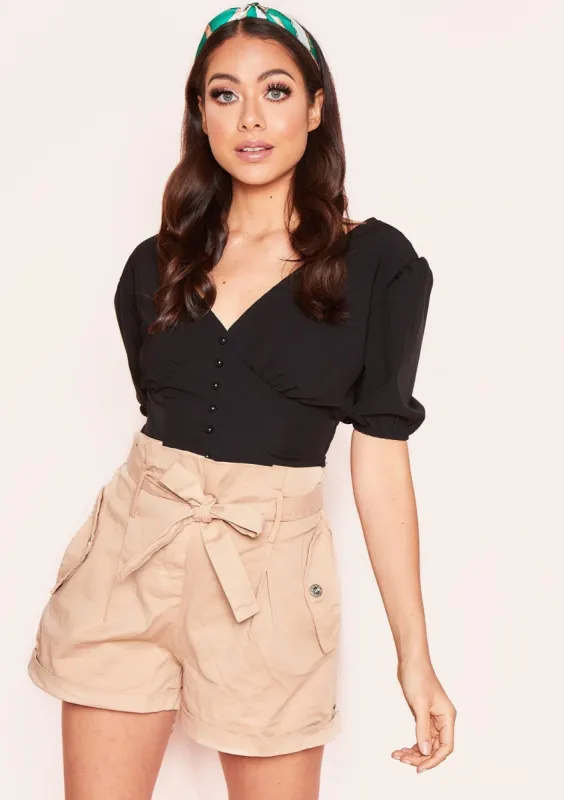 Penelope Black Button Plunge Crop Top sold by Missy Empire