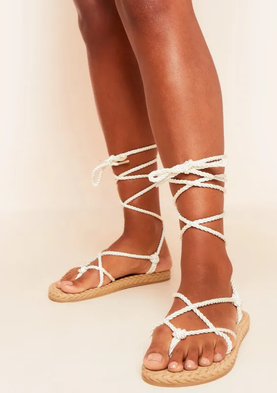 Robin Cream Rope Toe Post Flat Sandals sold by Missy Empire