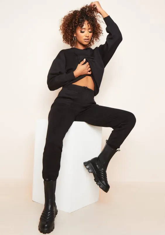 Hollie Black Knitted Hoodie and Jogger Lounge Set sold by Missy Empire