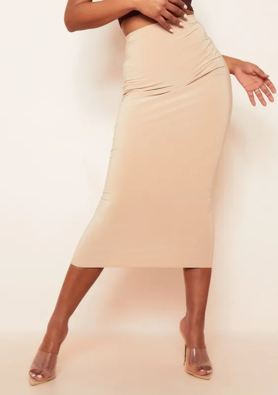 Maddie Beige Double Thickness Slinky Midaxi Bodycon Skirt sold by Missy Empire