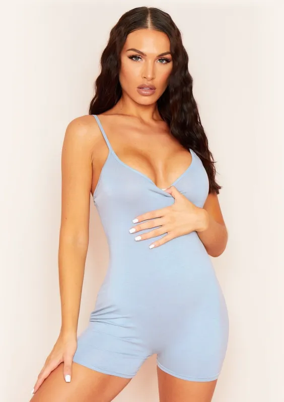 Ellen Blue Strappy Scoop Neck Unitard sold by Missy Empire