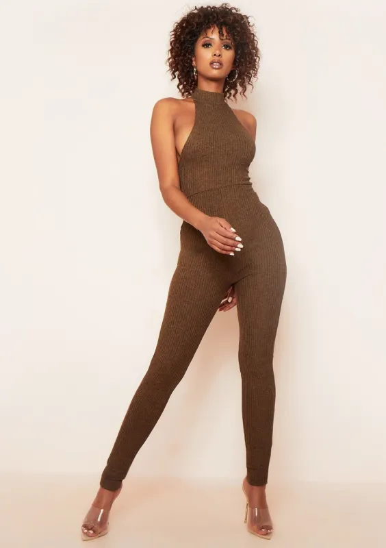 Arla Chocolate High Neck Racer Soft Rib Backless Jumpsuit sold by Missy Empire