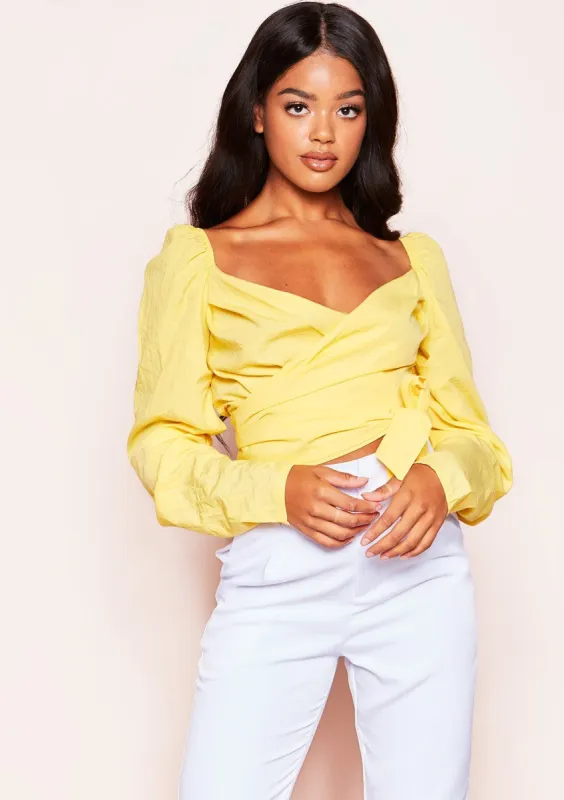 Irene Yellow Ruched Sleeve Wrap Front Crop Top sold by Missy Empire
